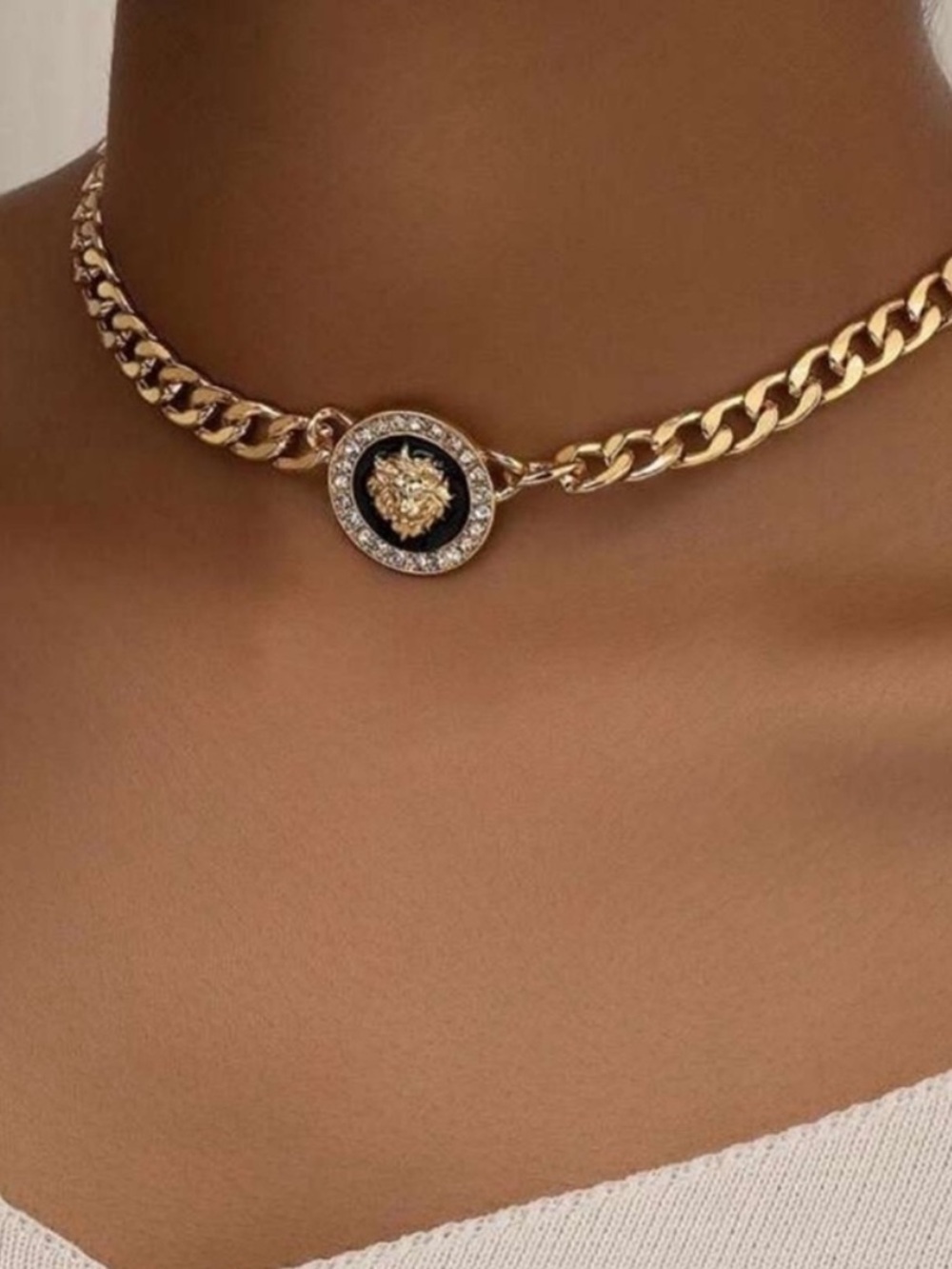 Gold Chain Choker with Black Medallion and Crystal Rim